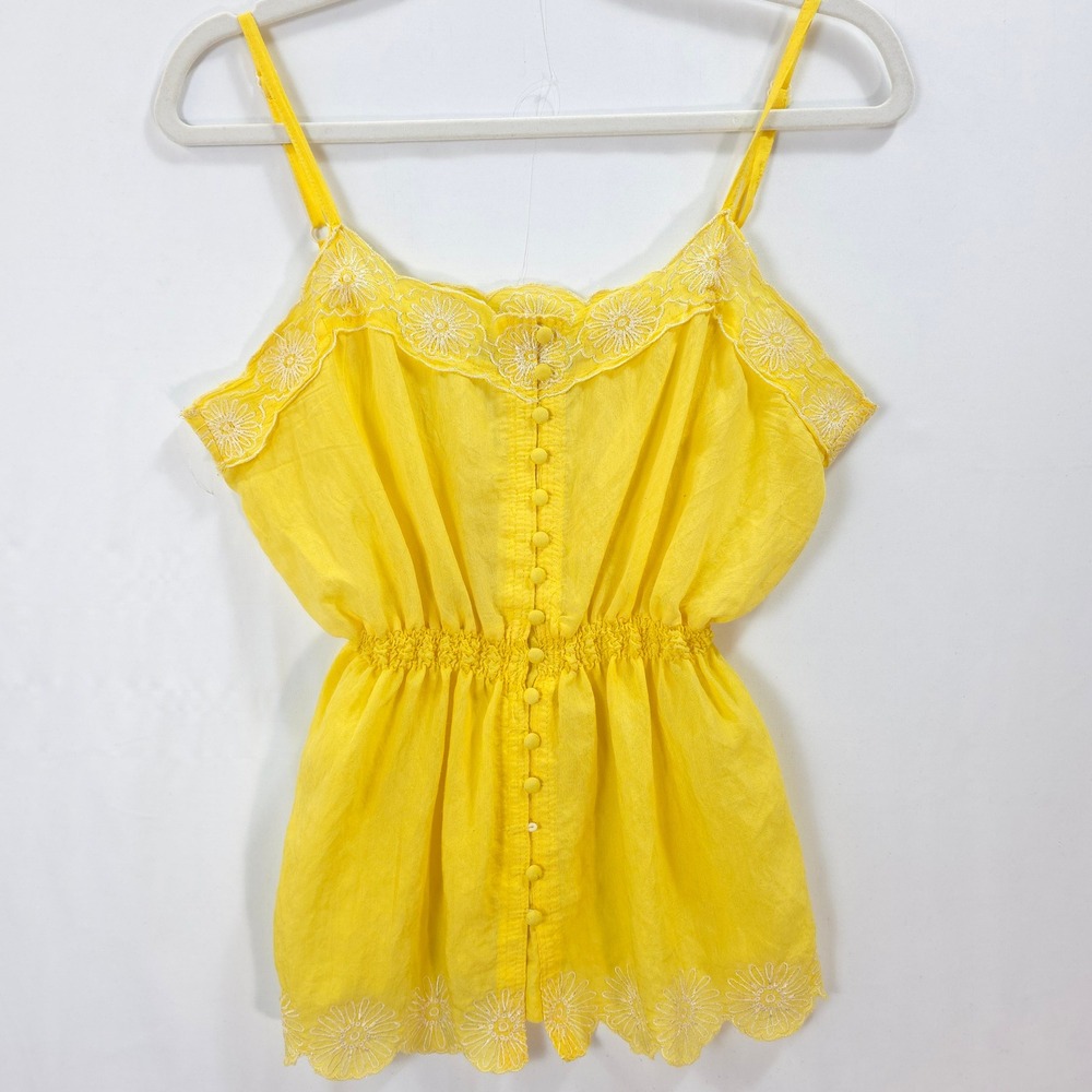 Forever 21 Yellow Button Front Embroidered Cami Top‎ Boho Cottagecore Festival S
